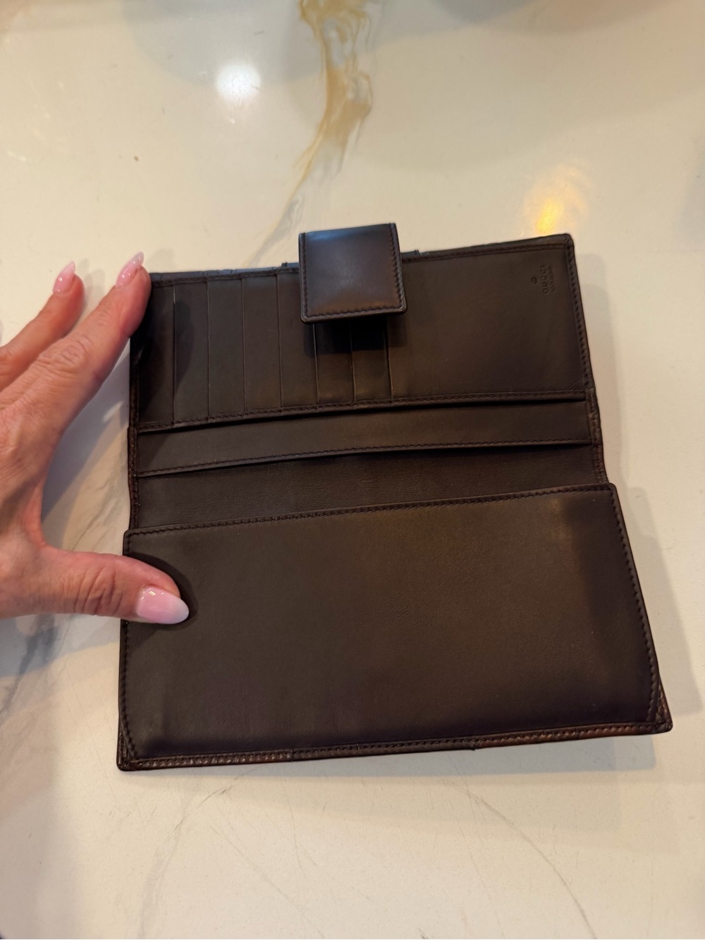 Gucci Dark Brown Embossed GG Leather Continental Wallet with Black Stripe - Picture 3 of 7